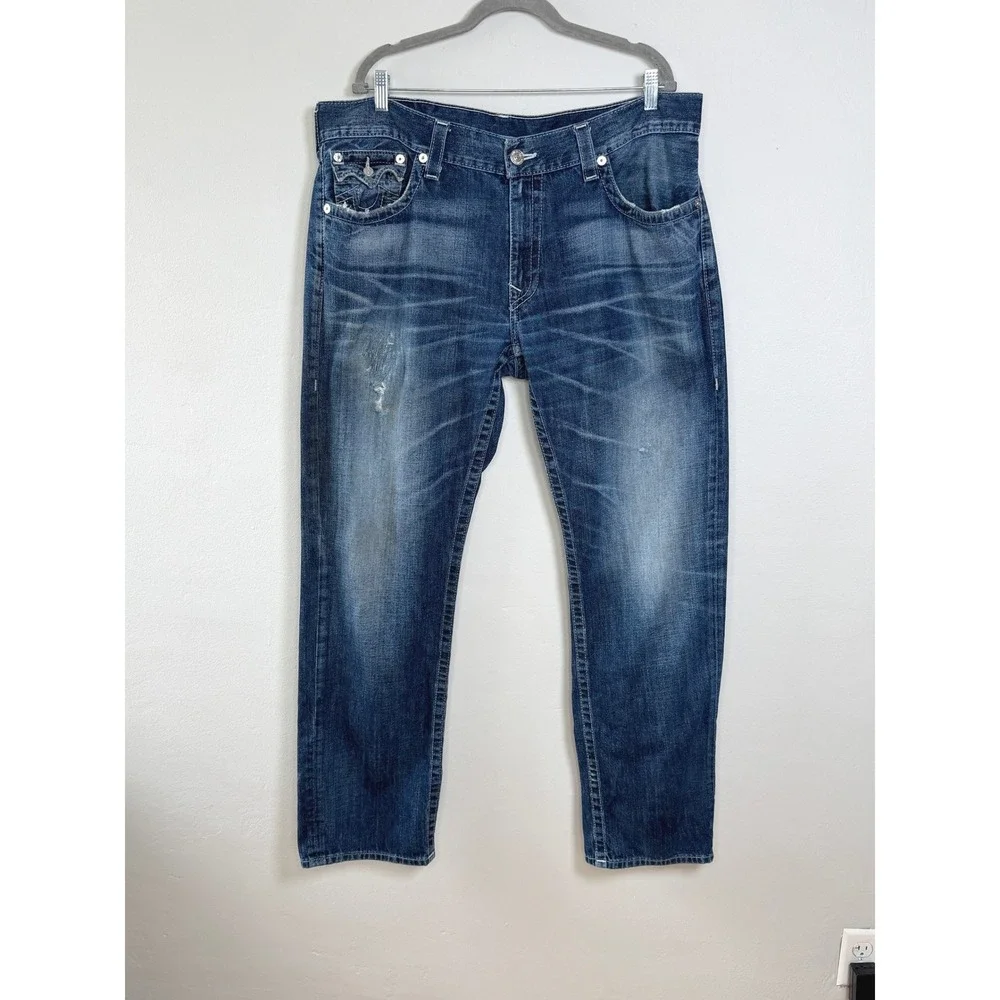 True Religion Slim Fit Jeans Mens 40 Blue‎ Whiskered Flap Pocket Moto Western